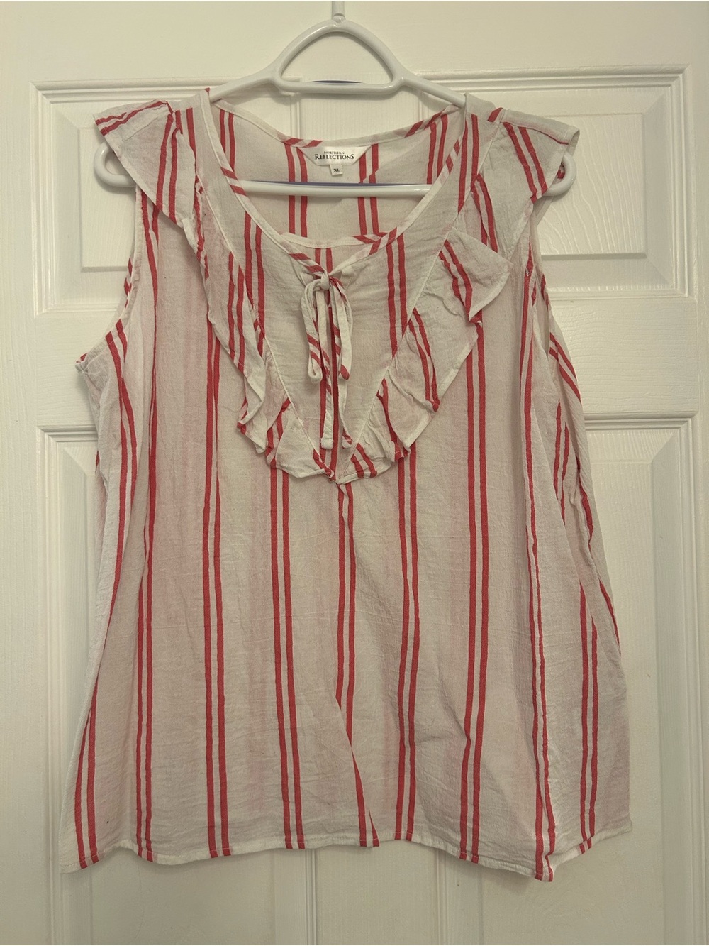 Northern Reflections White Top with Red Vertical Stripes & Ruffle Tie Neck